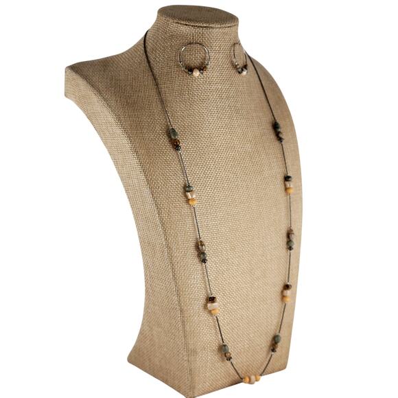 Beaded Hoop Earrings, Long 30" Bead Necklace Set Mixed Green Brown Silver Tone - Picture 13 of 14